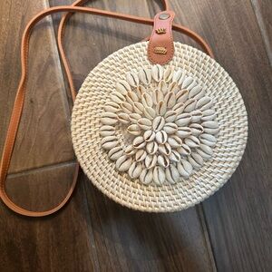 Round Woven Shell-Embellished Bag